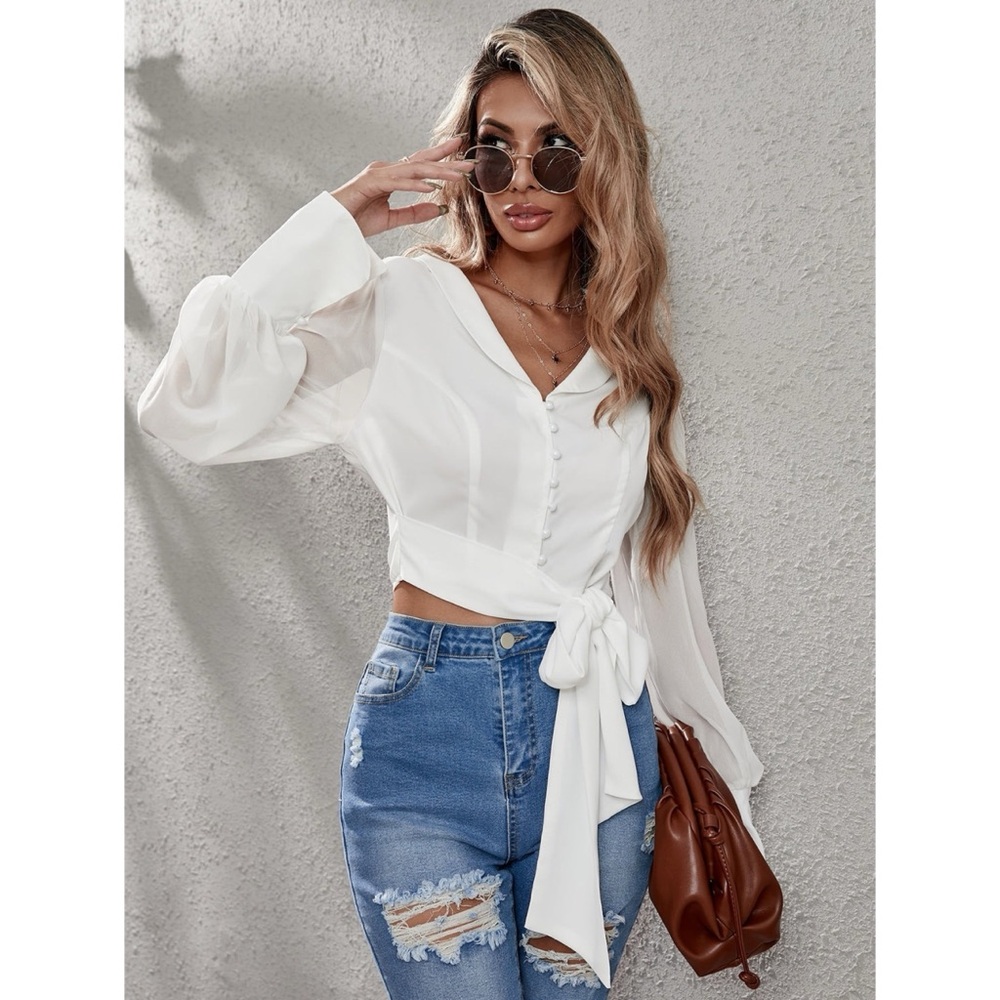 La’ Ros Shawl Collar Knot Side Flounce Sleeve Crop Blouse - Size Medium